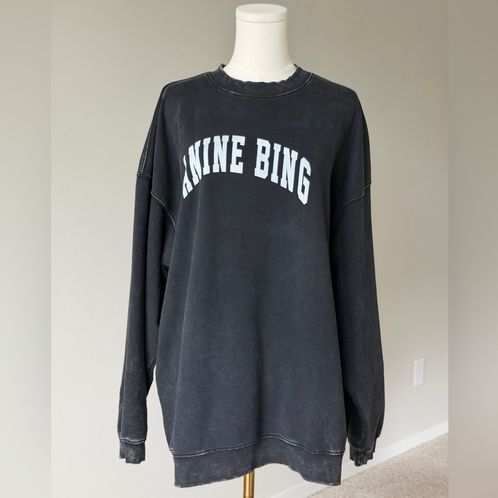 Anine Bing Tyler Cotton Logo Washed Black Crew Neck Sweatshirt-Scandi Girl Style - Picture 2 of 16
